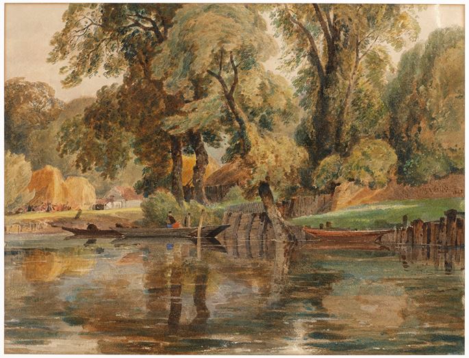 George Arthur Fripp - A Wooded River Landscape with Punts and Haystacks Beyond | MasterArt